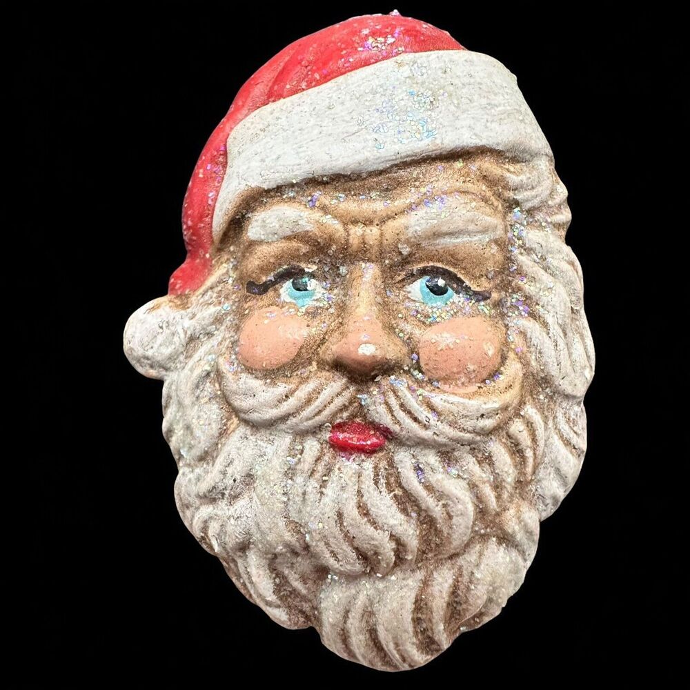 Christmas Santa Clause Face Vintage Pottery Plaster Pin Brooch Festive Gift